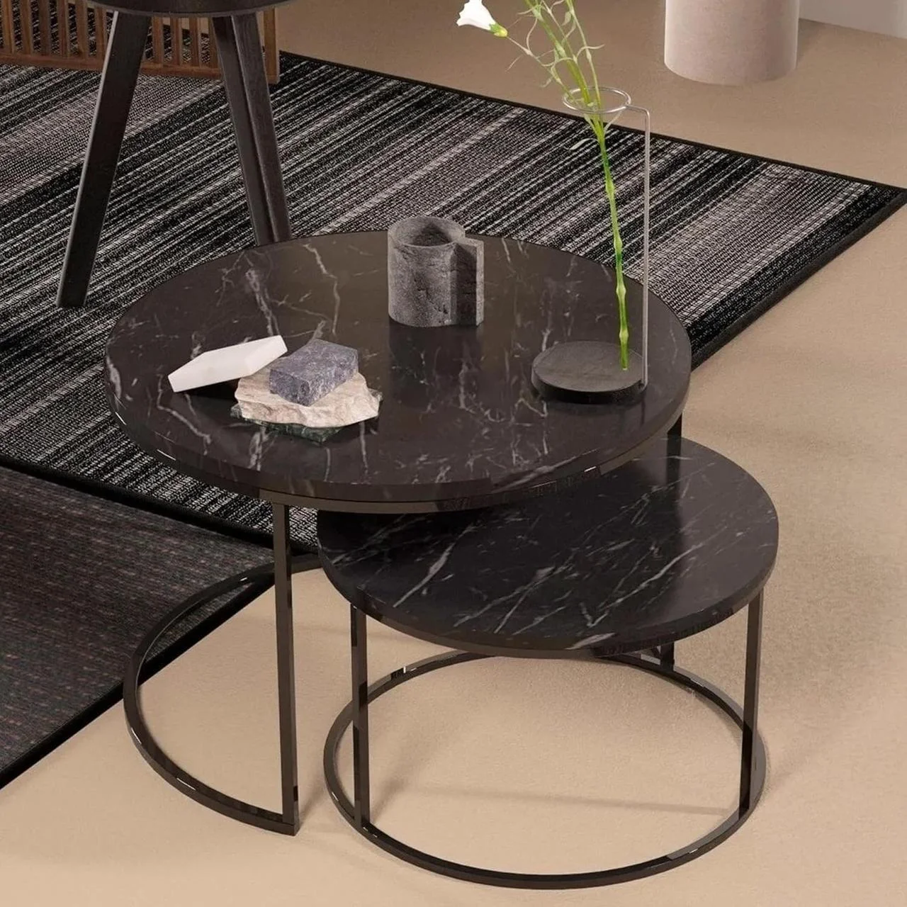 Набір журнальних столиків Solme Homepaketo 2 в 1 Marble Black, круглі столи діаметрами 75 см та 60 см