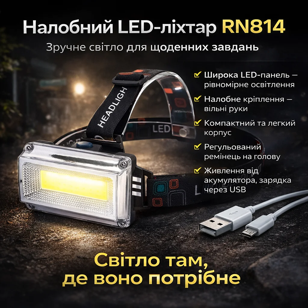 Налобний ліхтар RN814 з USB-заряджанням та регулюванням кута нахилу