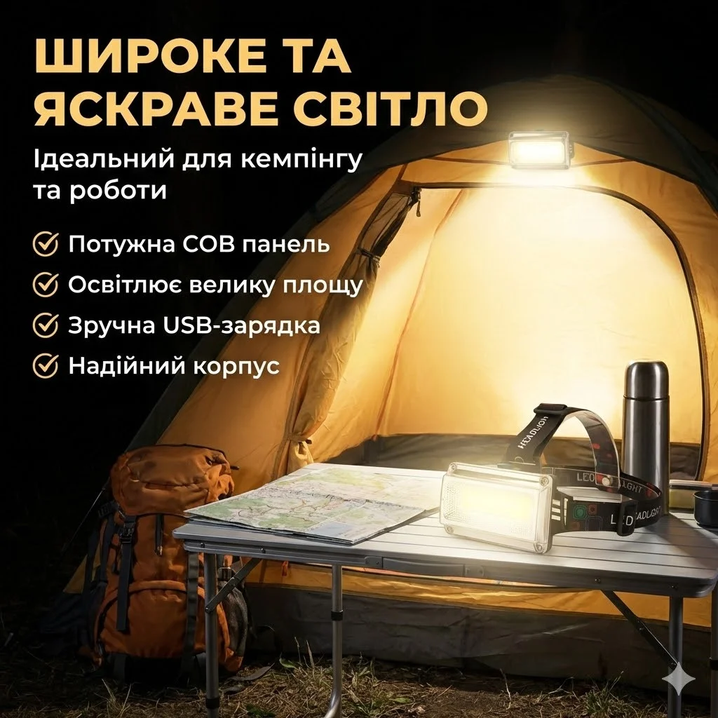 Налобний ліхтар RN814 з USB-заряджанням та регулюванням кута нахилу