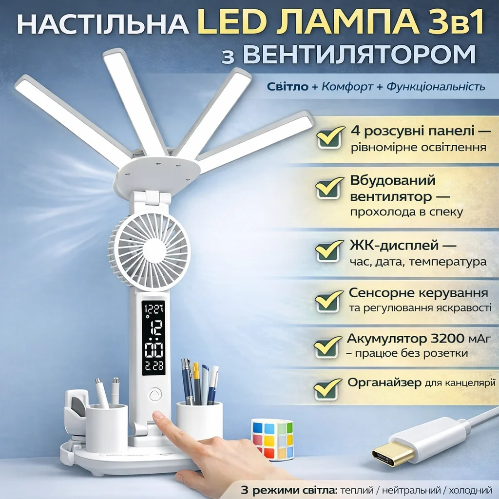 Настільна світлодіодна лампа KRX-1011 з вентилятором, РК-дисплеєм та чотирма світловими панелями