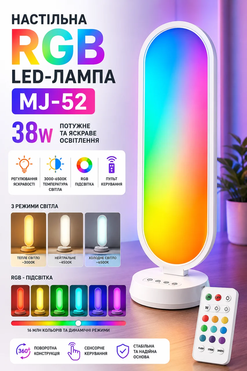 Настільна світлодіодна лампа MJ-52 з RGB та пультом, 3000–6500 К