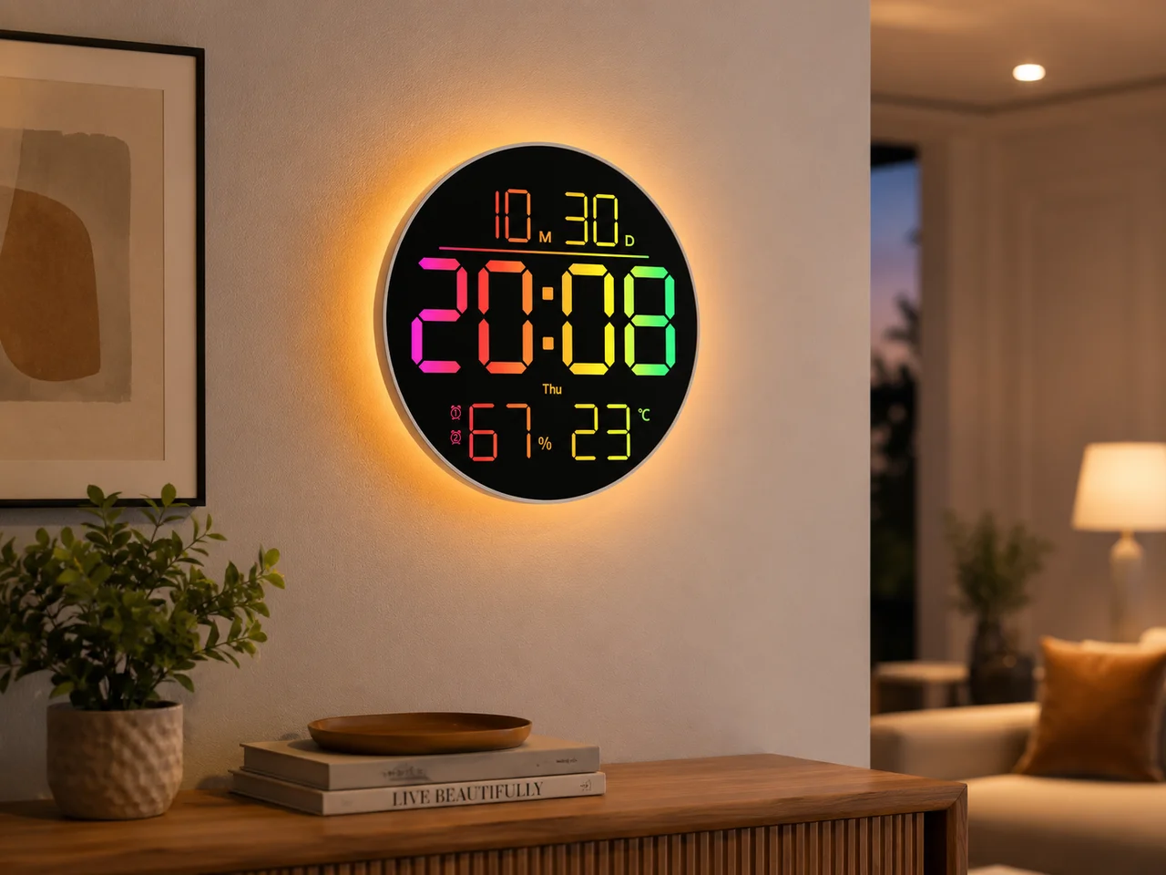 Настінний круглий RGB-годинник 6695R із пультом, календарем, температурою та вологістю
