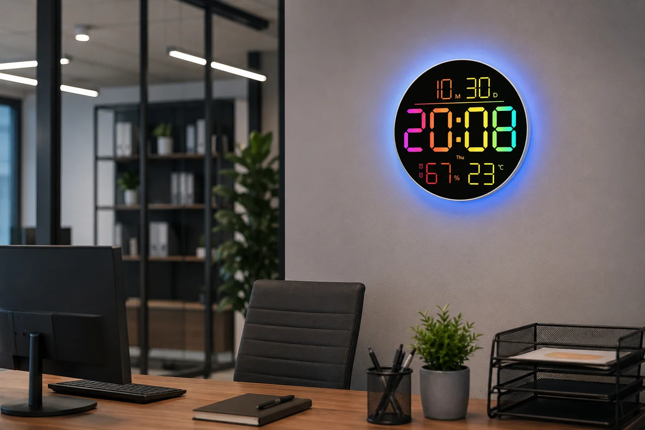 Настінний круглий RGB-годинник 6695R із пультом, календарем, температурою та вологістю
