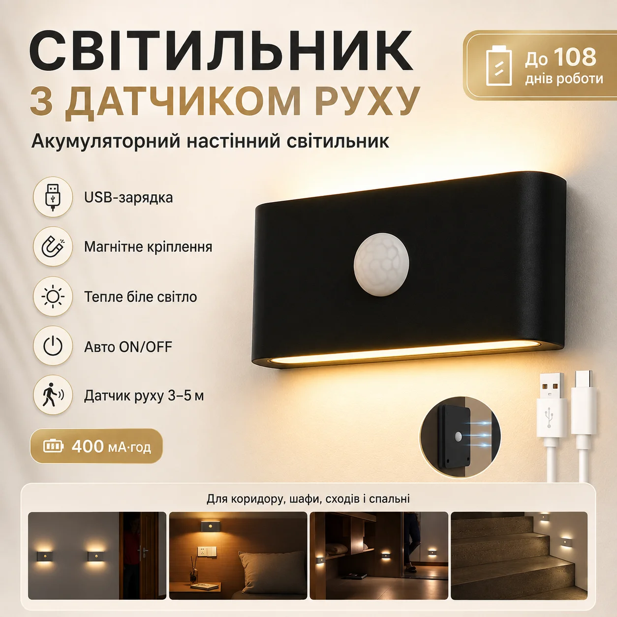 Настінний світильник із датчиком руху, USB‑заряджання, акумуляторний (розмір 9,8×5,5 см) — чорний/білий