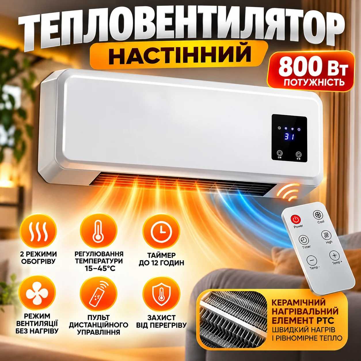Настінний тепловентилятор MS 5962 з керамічним нагрівачем PTC, 800 Вт, білий, з пультом, таймером та терморегулятором