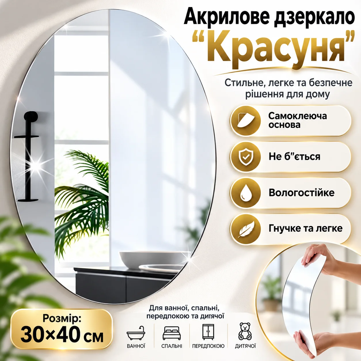 Небитке акрилове дзеркало на самоклейці, овальне, 30×40 см