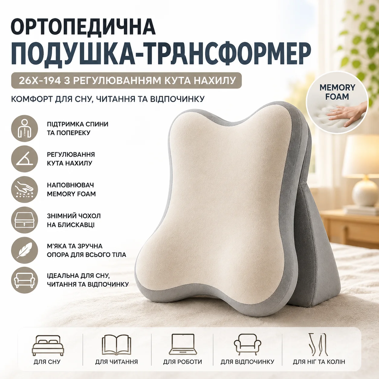 Ортопедична подушка-трансформер 26X-194 з регулюванням кута нахилу, сіра