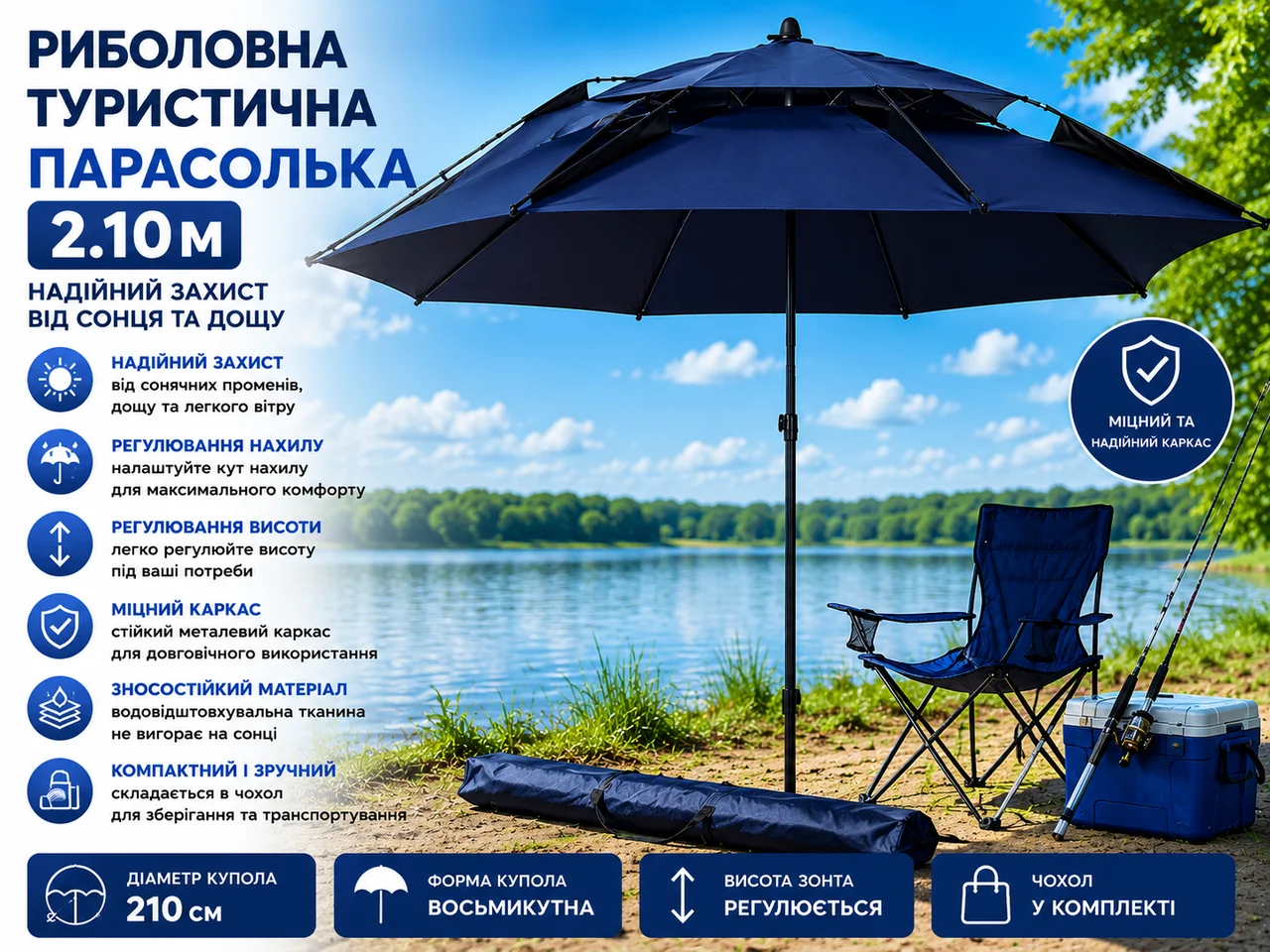 Парасолька рибальська/туристична діаметром 210 см із чохлом, темно-синя