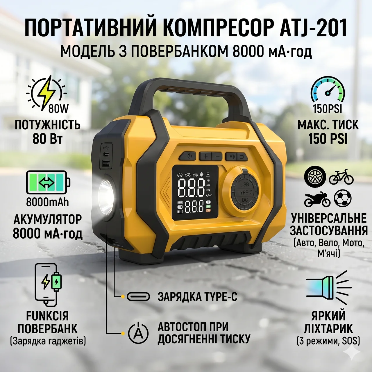 Переносний компресор ATJ-201 з акумулятором 8000 мАч, ліхтариком та набором насадок