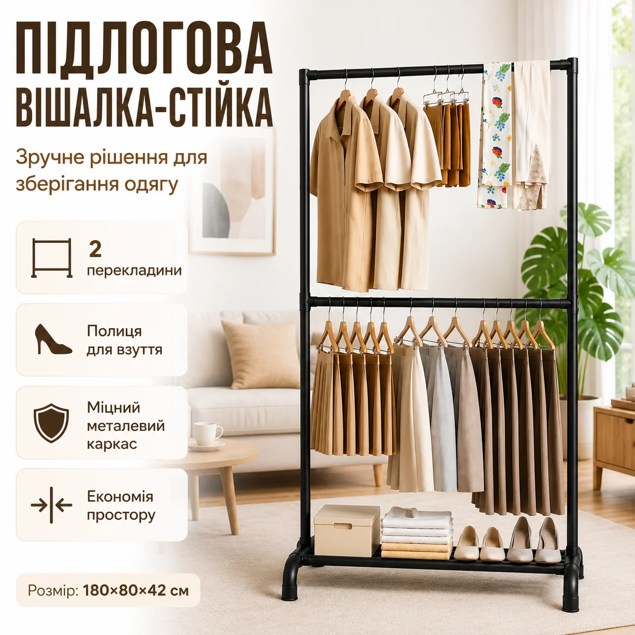 Підлогова вішалка-стійка для одягу 180×80×42 см, чорна