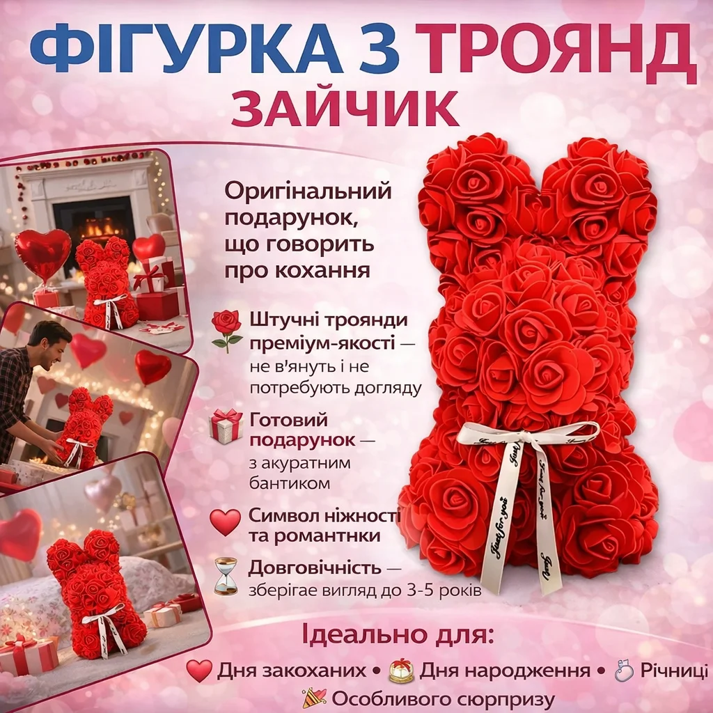 Подарунковий зайчик із декоративних троянд та бантиком, 17×17×25 см