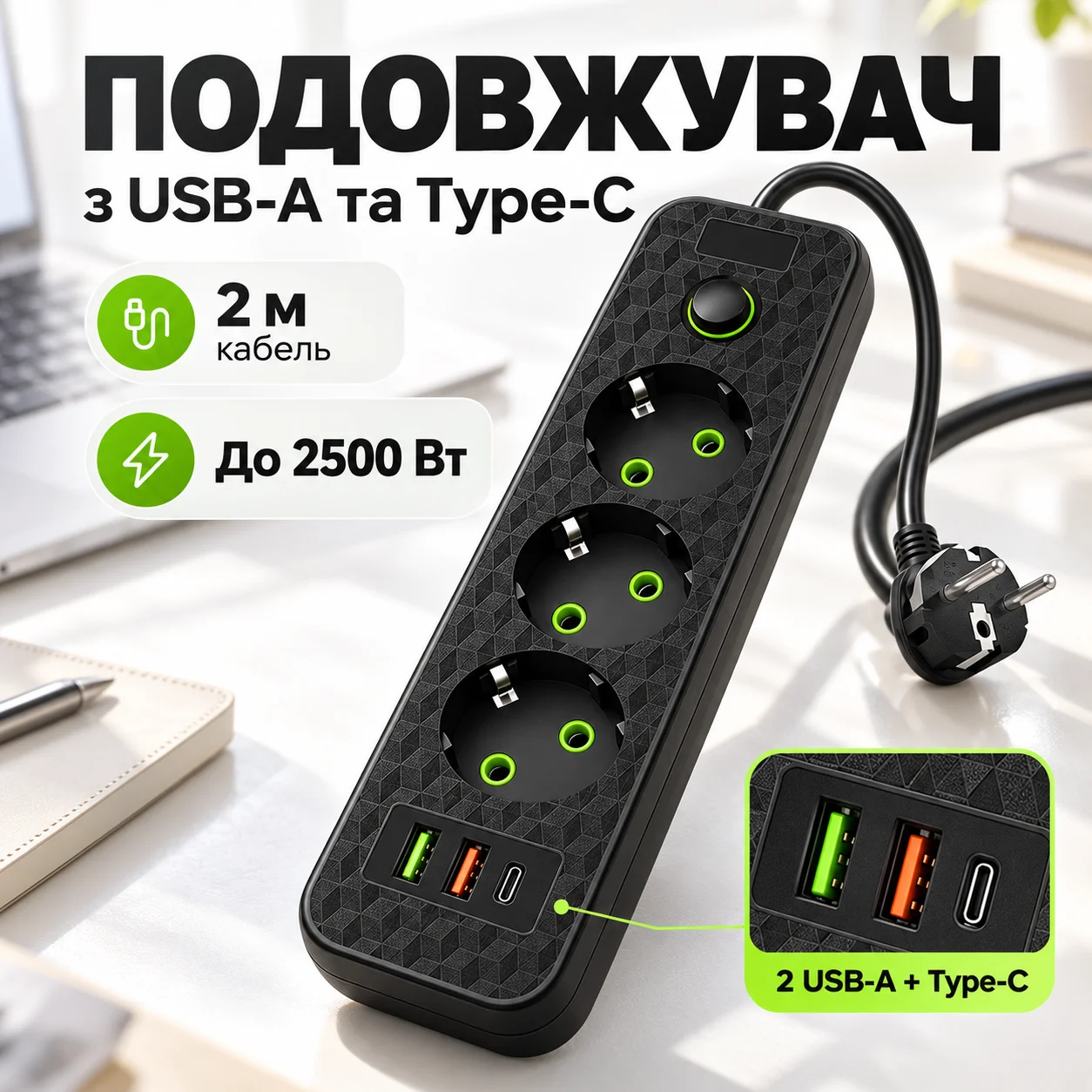 Подовжувач з 3 розетками, USB-A та Type-C, довжиною 2 м, потужністю 2500 Вт
