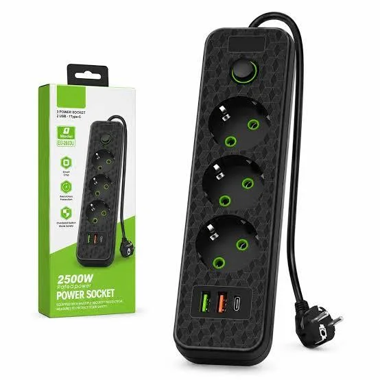 Подовжувач з 3 розетками, USB-A та Type-C, довжиною 2 м, потужністю 2500 Вт
