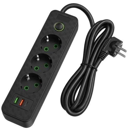 Подовжувач з 3 розетками, USB-A та Type-C, довжиною 2 м, потужністю 2500 Вт