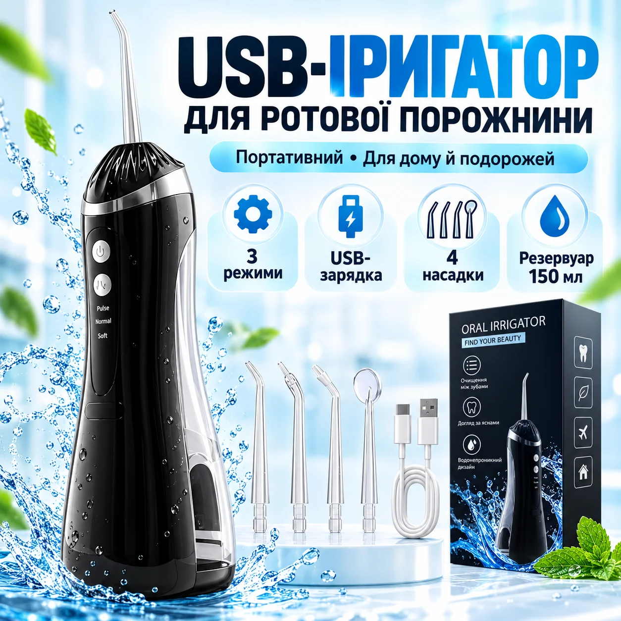 Портативний акумуляторний іригатор для порожнини рота з USB-зарядкою, резервуар 150 мл, 4 насадки, чорний