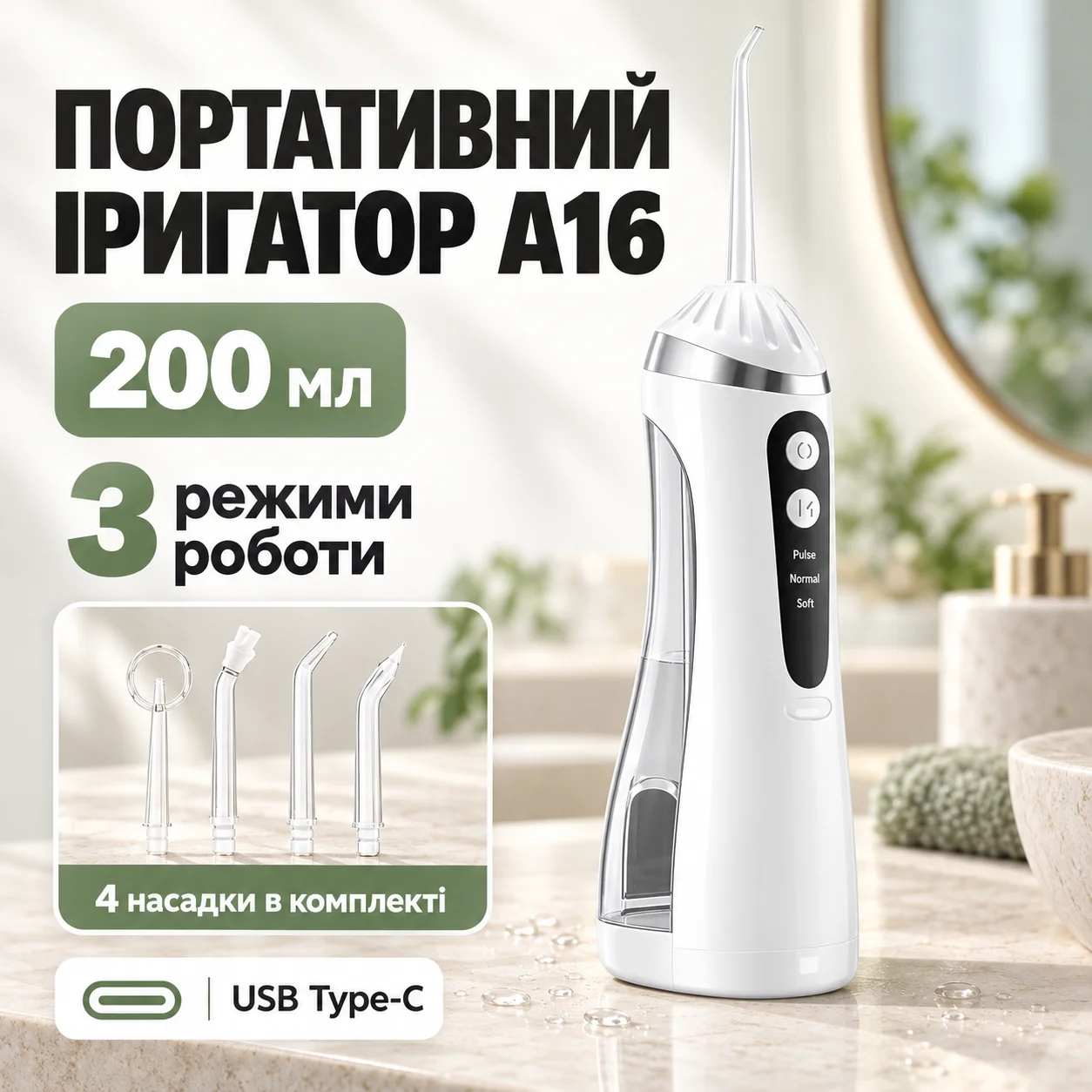 Портативний іригатор А16 з 3 режимами та 4 насадками, бездротовий акумуляторний очисник порожнини рота, 200 мл