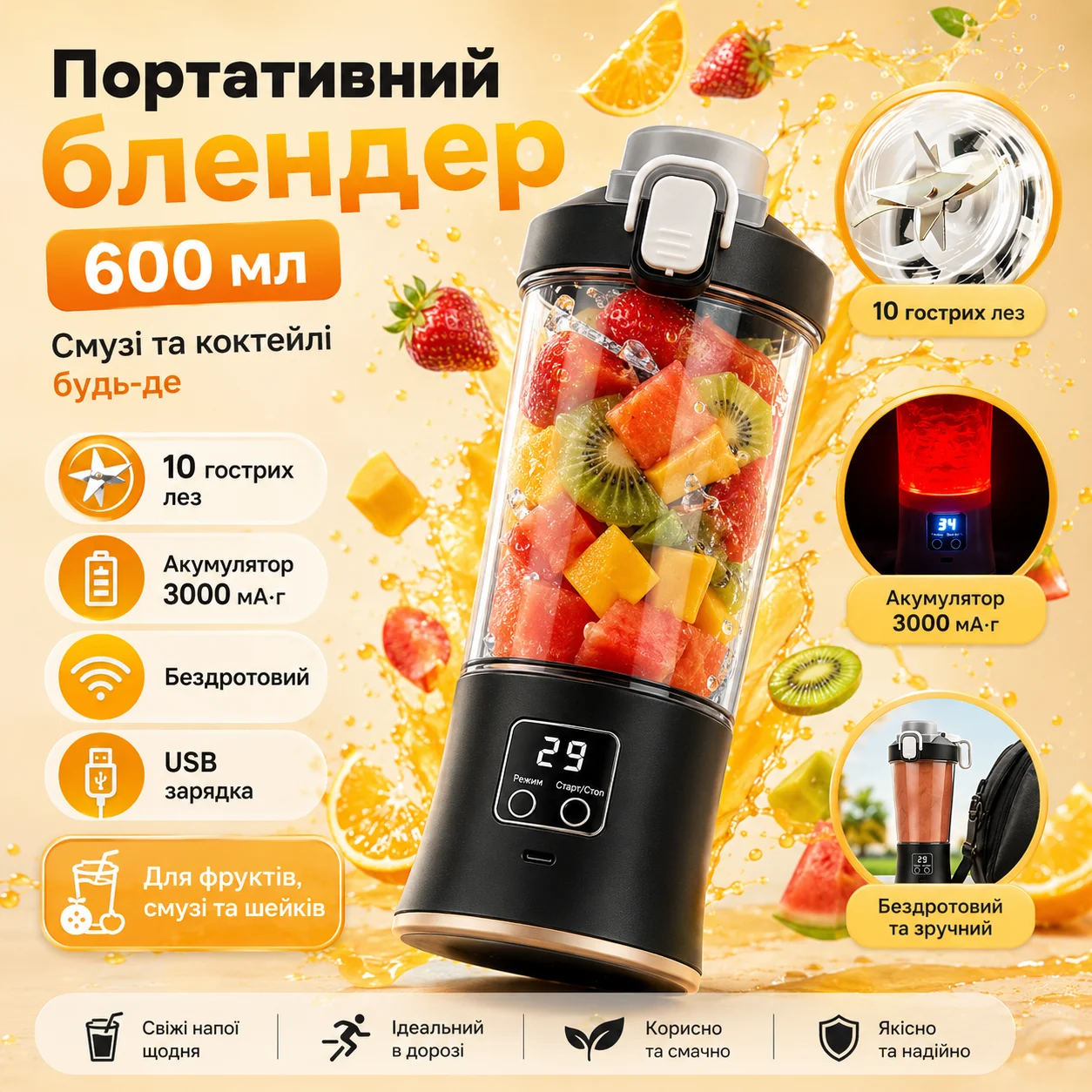Портативний мініблендер XL-1427, 600 мл, чорний