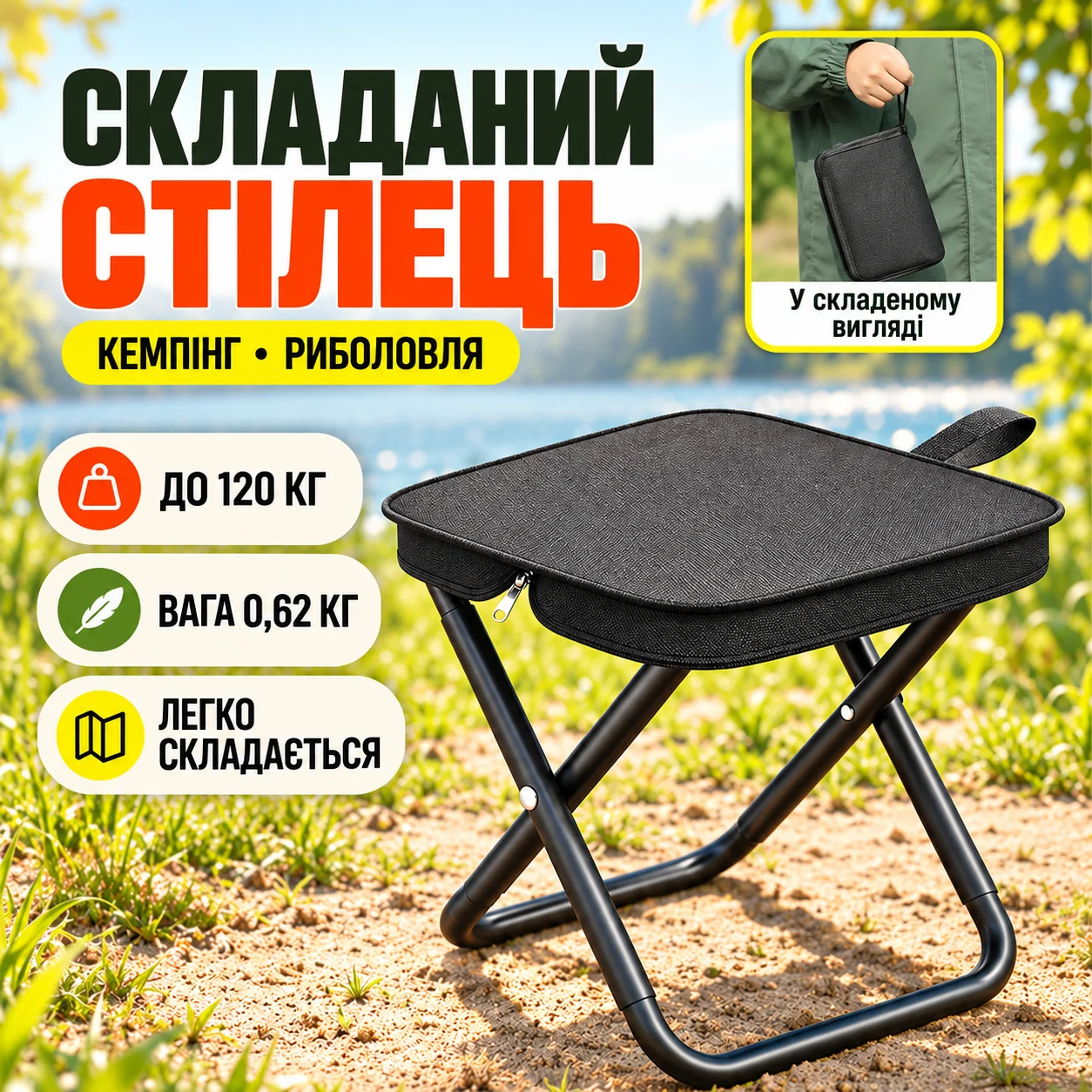 Портативний складаний табурет зі сталі з ремінцем для кемпінгу та риболовлі, чорний