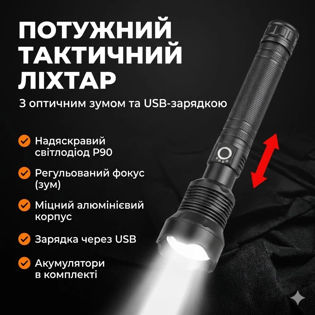Потужний тактичний ліхтар BL X92 P90 із зумом та USB-заряджанням