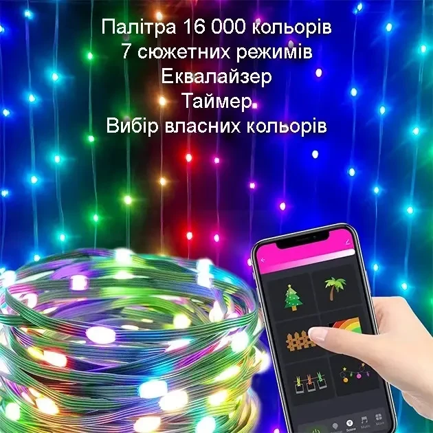Програмована LED-гірлянда «Крапля роси» SFK-04 з Bluetooth та керуванням через застосунок, USB, довжина 10 м
