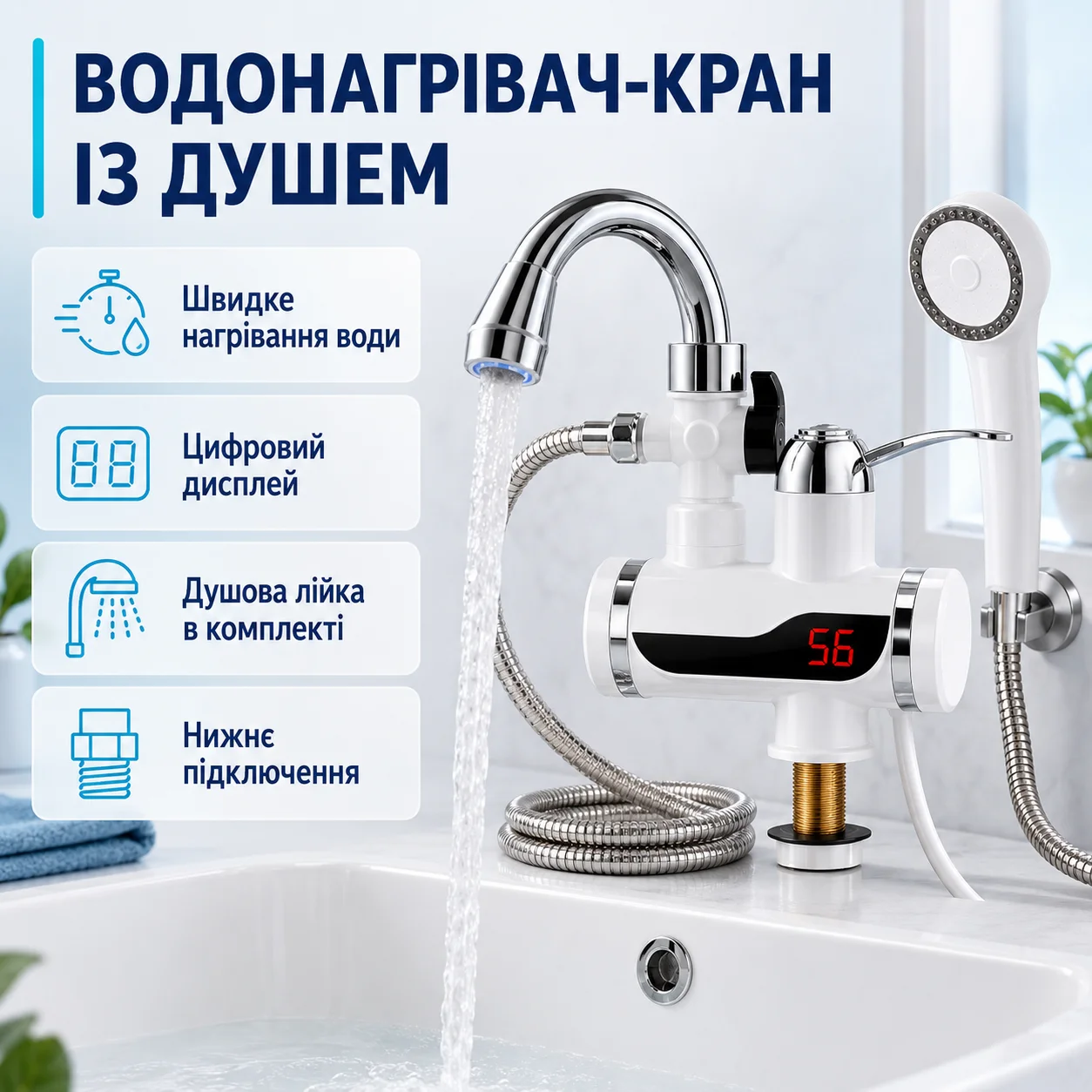Проточний водонагрівач з душем Delimano FT001, білий