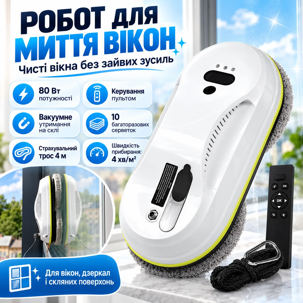 Робот для миття вікон з пультом, 80 Вт, білий