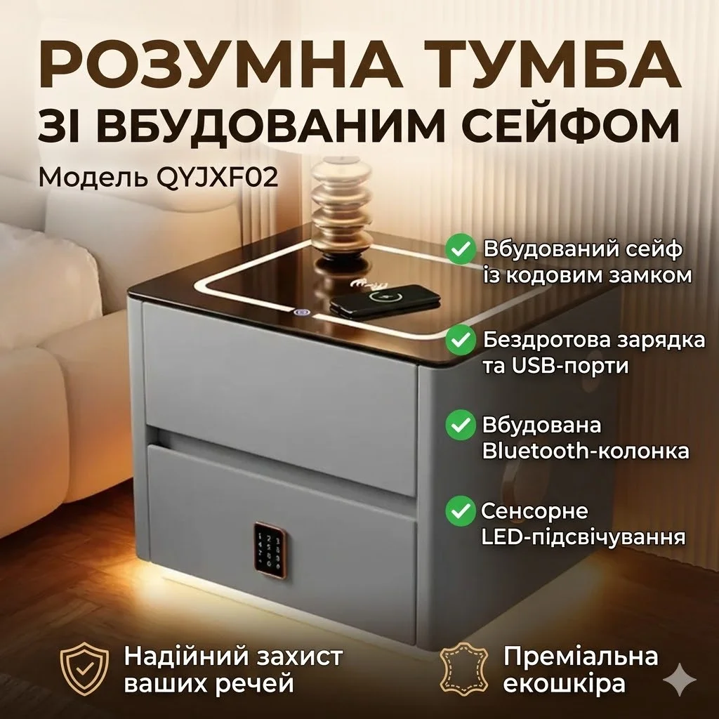 Розумна приліжкова тумба QYJXF02 з вбудованим кодовим сейфом, Bluetooth-динаміком та USB, сенсорною підсвіткою, екошкірою, сіра