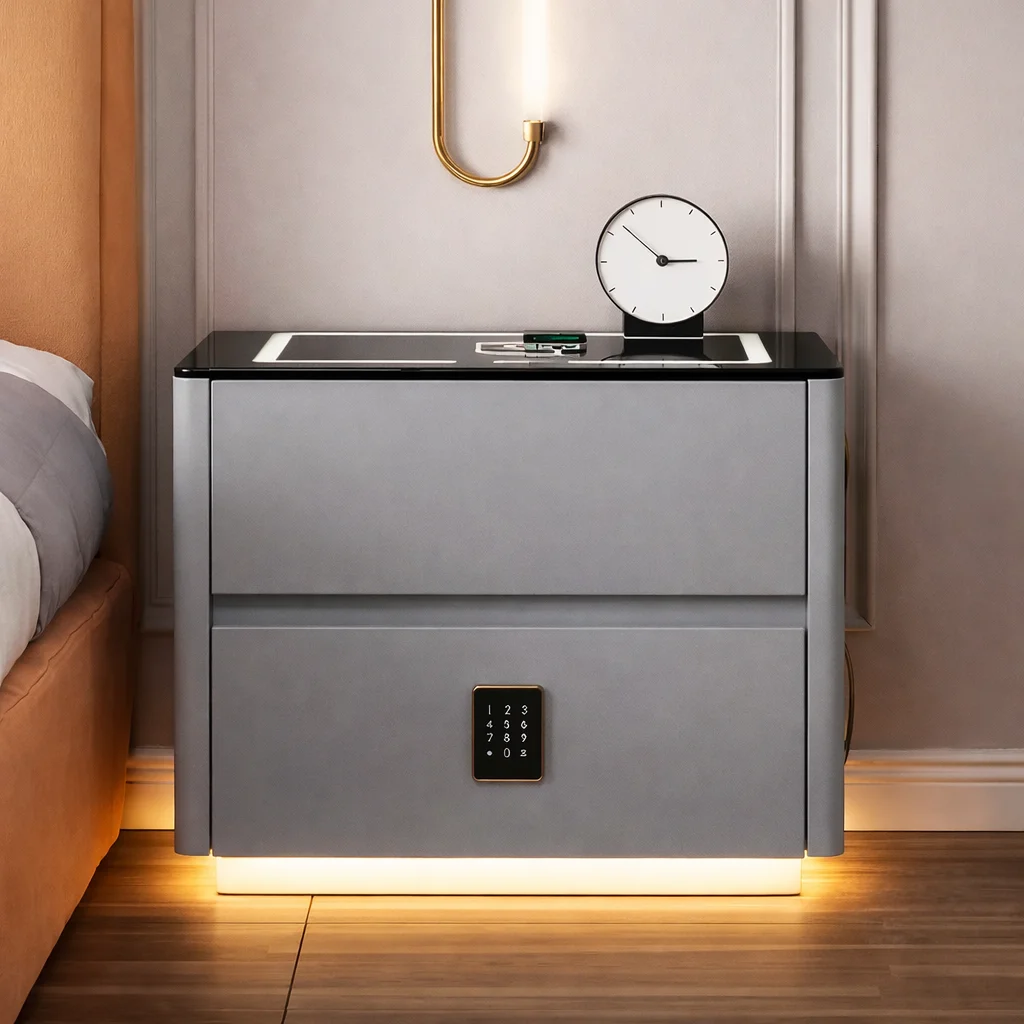 Розумна приліжкова тумба QYJXF02 з вбудованим кодовим сейфом, Bluetooth-динаміком та USB, сенсорною підсвіткою, екошкірою, сіра