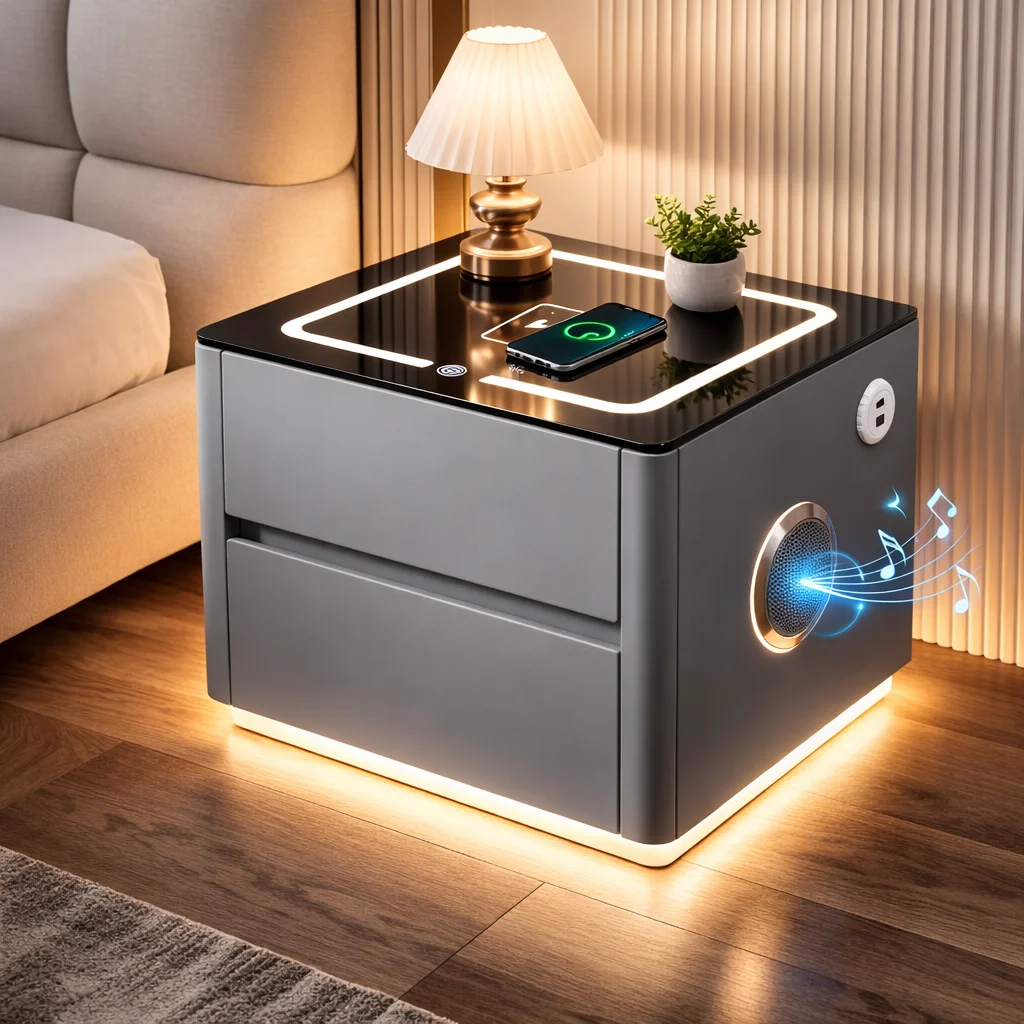 Розумна приліжкова тумба QYJXF02 з вбудованим кодовим сейфом, Bluetooth-динаміком та USB, сенсорною підсвіткою, екошкірою, сіра