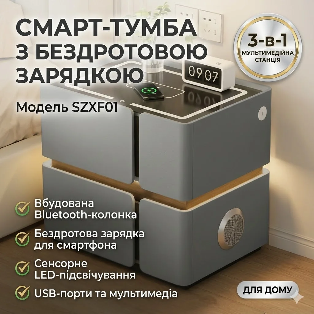 Розумна приліжкова тумба SZXF01 із Bluetooth-колонкою, USB і сенсорною підсвіткою, 2 шухляди, МДФ/екошкіра, сірого кольору