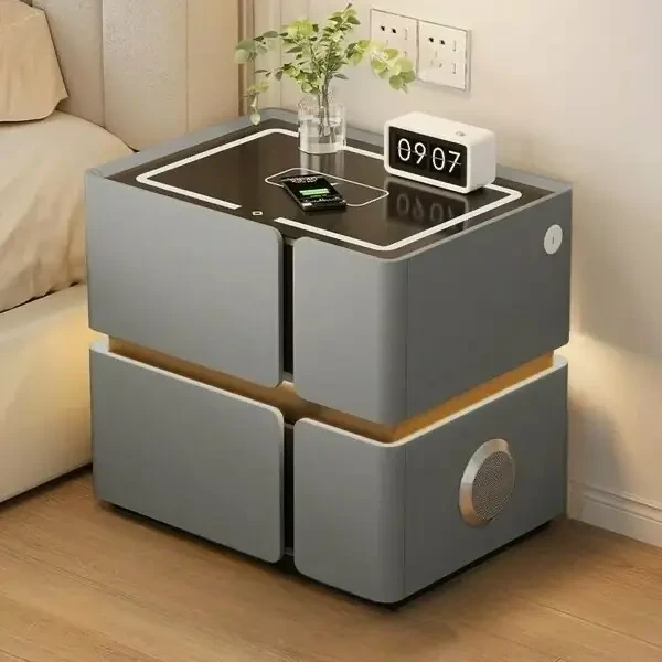 Розумна приліжкова тумба SZXF01 із Bluetooth-колонкою, USB і сенсорною підсвіткою, 2 шухляди, МДФ/екошкіра, сірого кольору