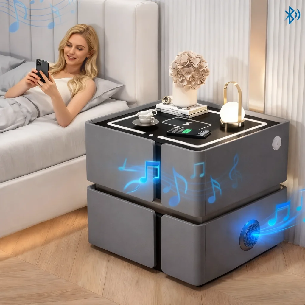 Розумна приліжкова тумба SZXF01 із Bluetooth-колонкою, USB і сенсорною підсвіткою, 2 шухляди, МДФ/екошкіра, сірого кольору