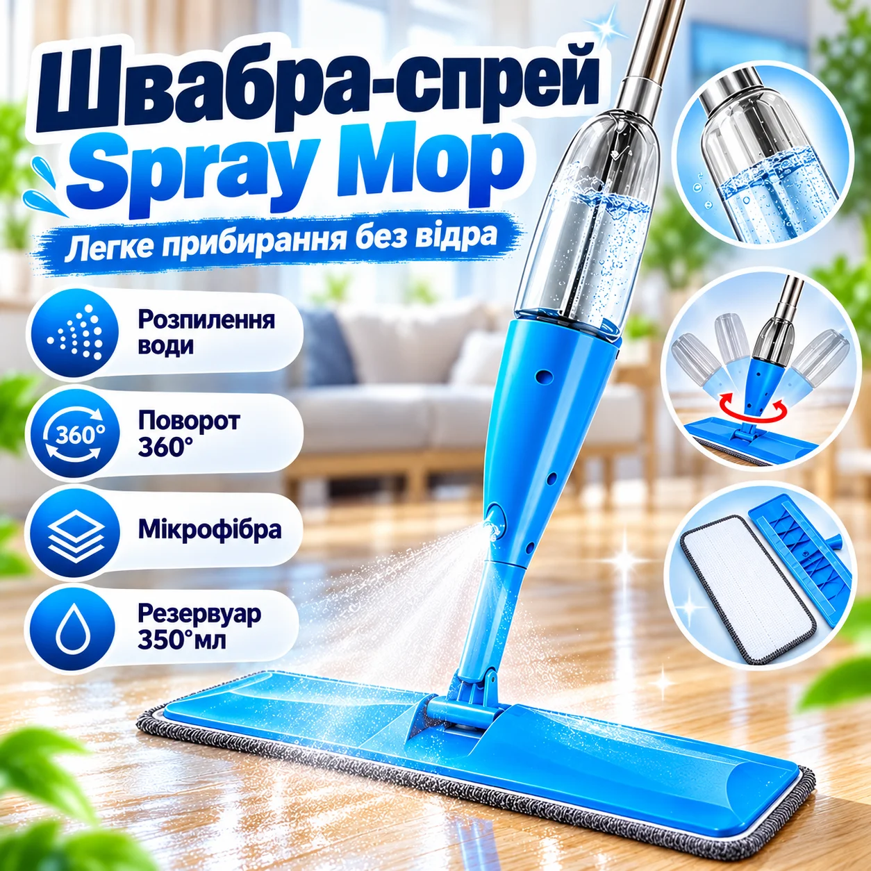 Швабра Spray Mop з розпилювачем, резервуар 350 мл, насадка з мікрофібри, синя