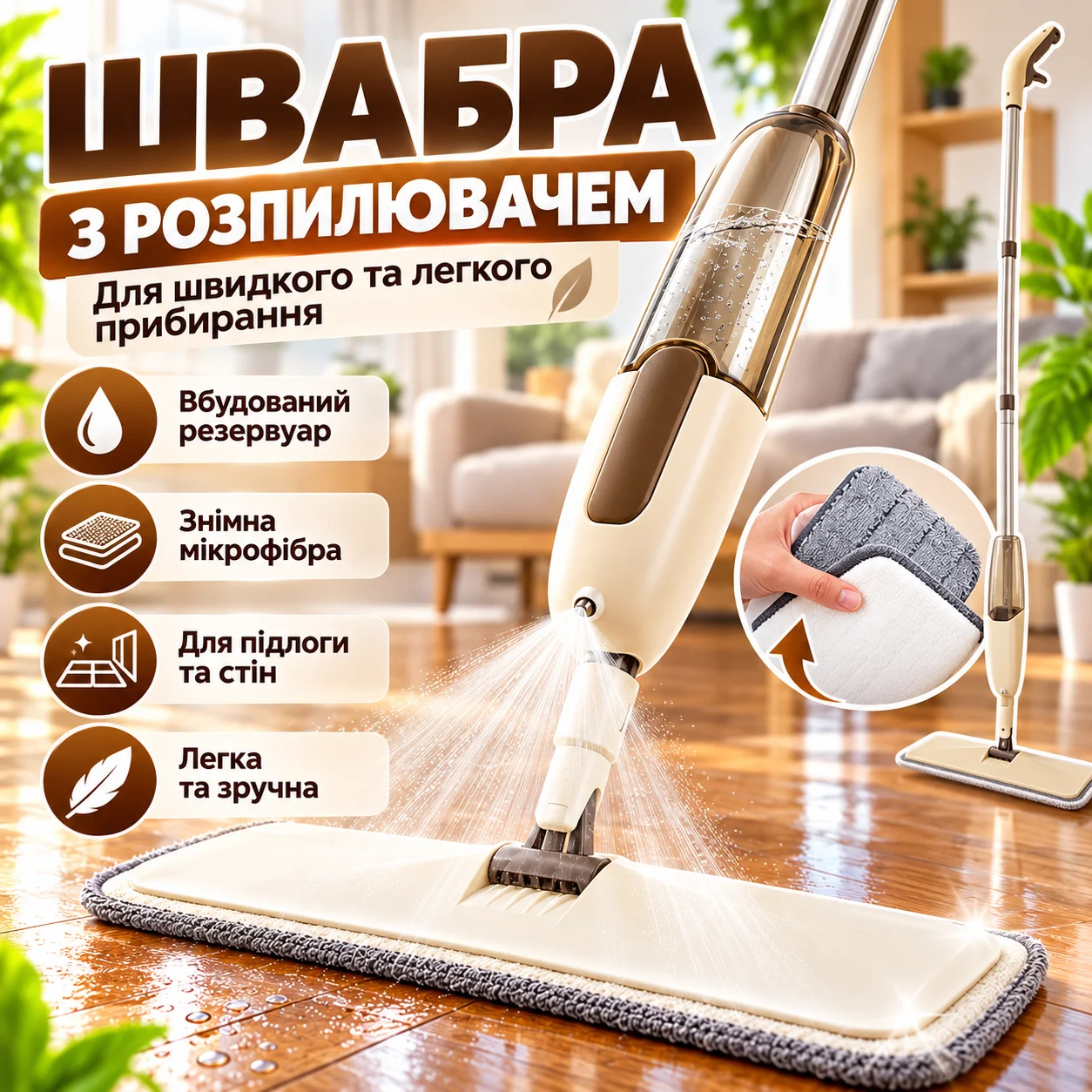Швабра SprayMop з дозованим розпиленням води для паркету, лінолеуму та гладких поверхонь, мікрофібра, бежева