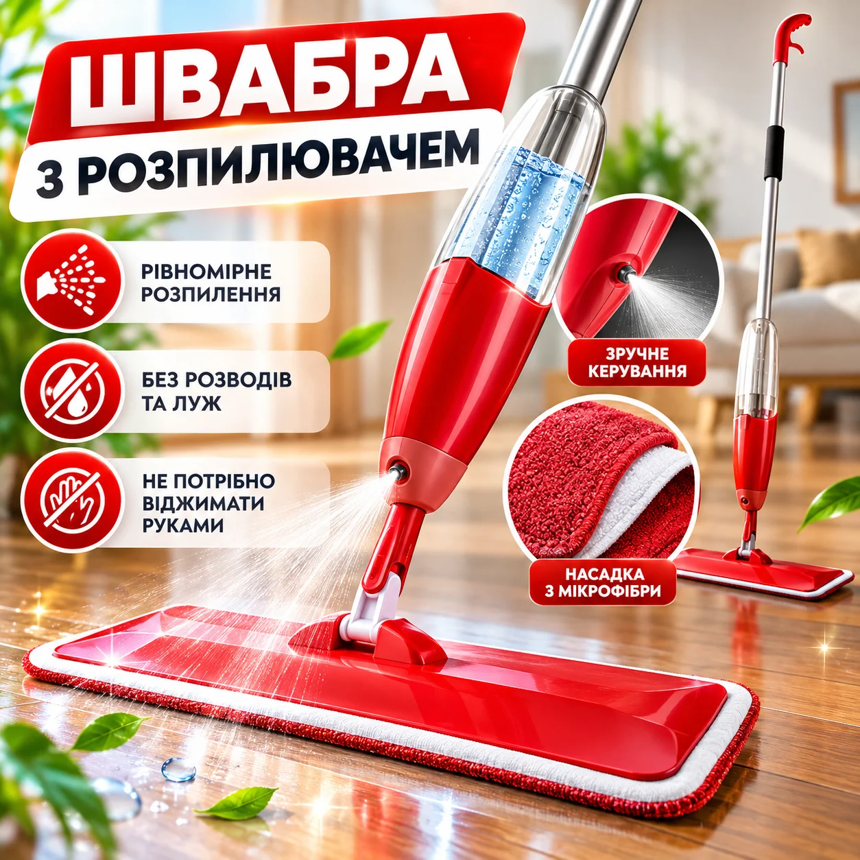 Швабра SprayMop з мікрофіброю, баком 350 мл, червона
