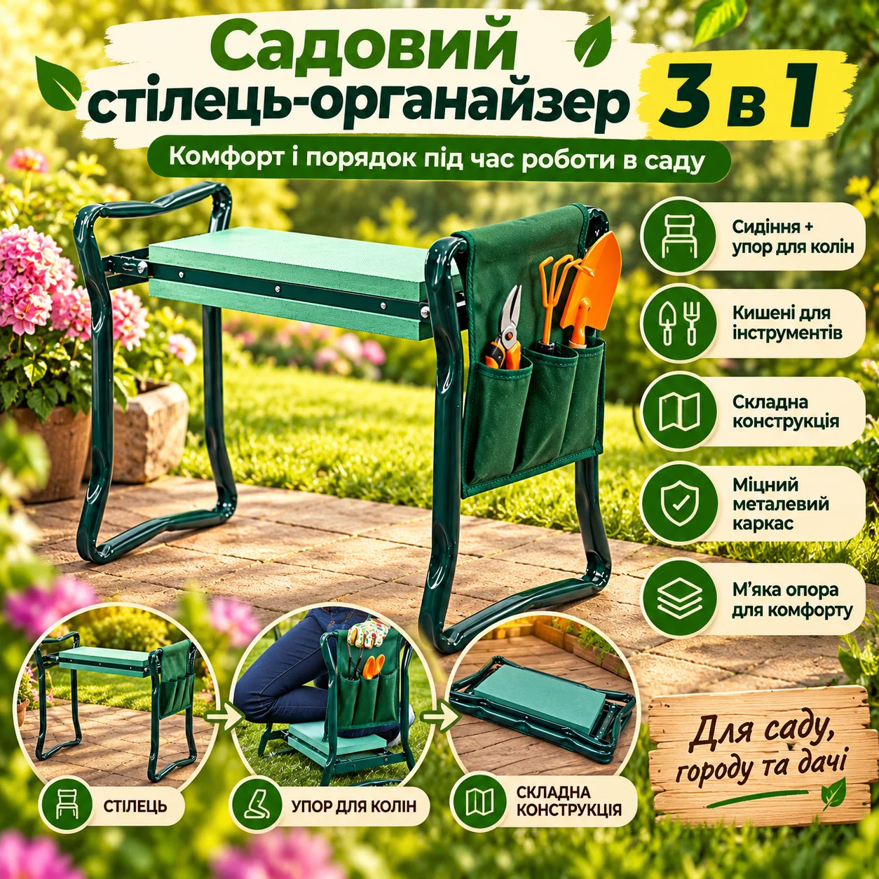 Складаний садовий табурет 3 в 1 із органайзером для інструментів, 58×28×13 см, зелений