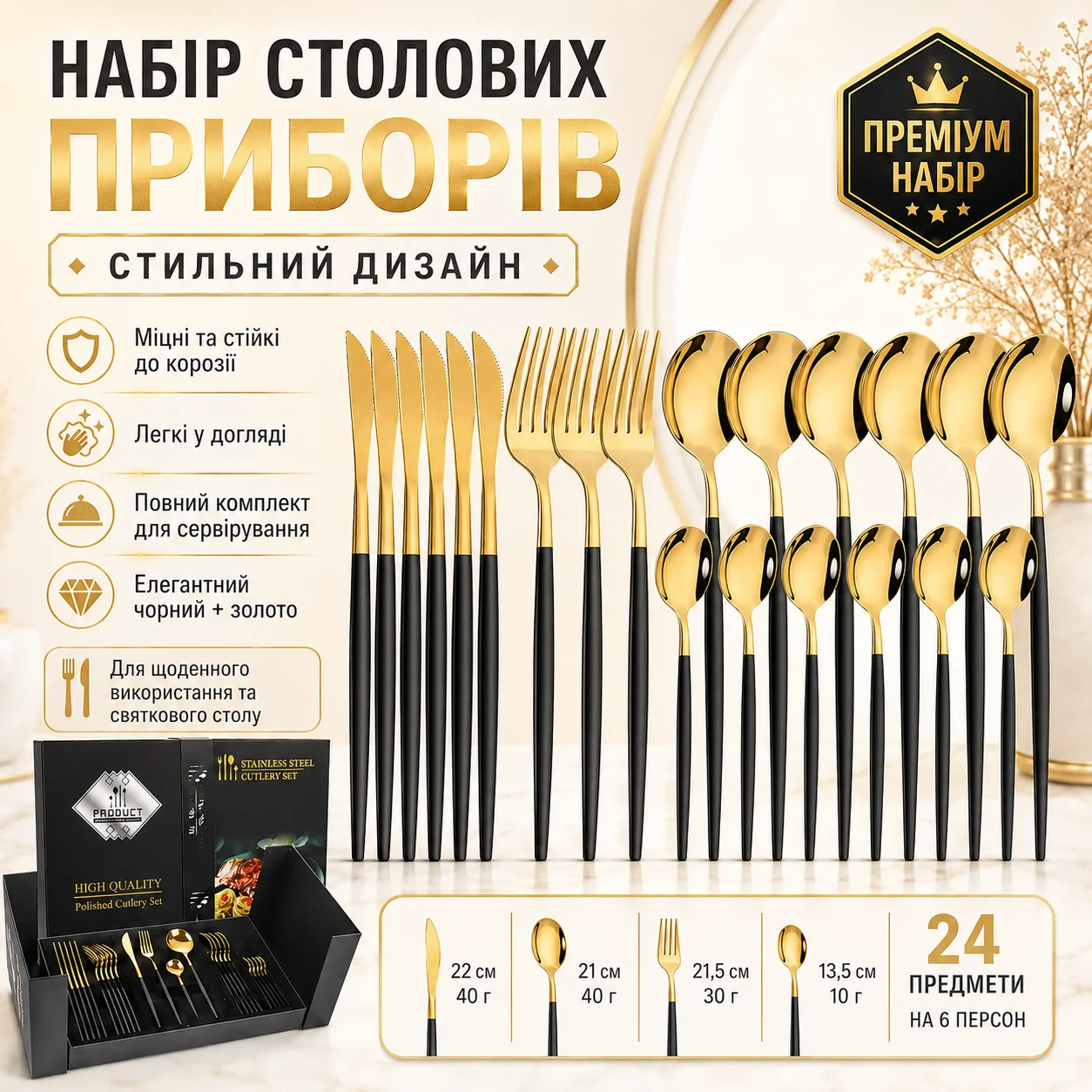 Столовий набір із нержавіючої сталі, 24 предмети, золотистий
