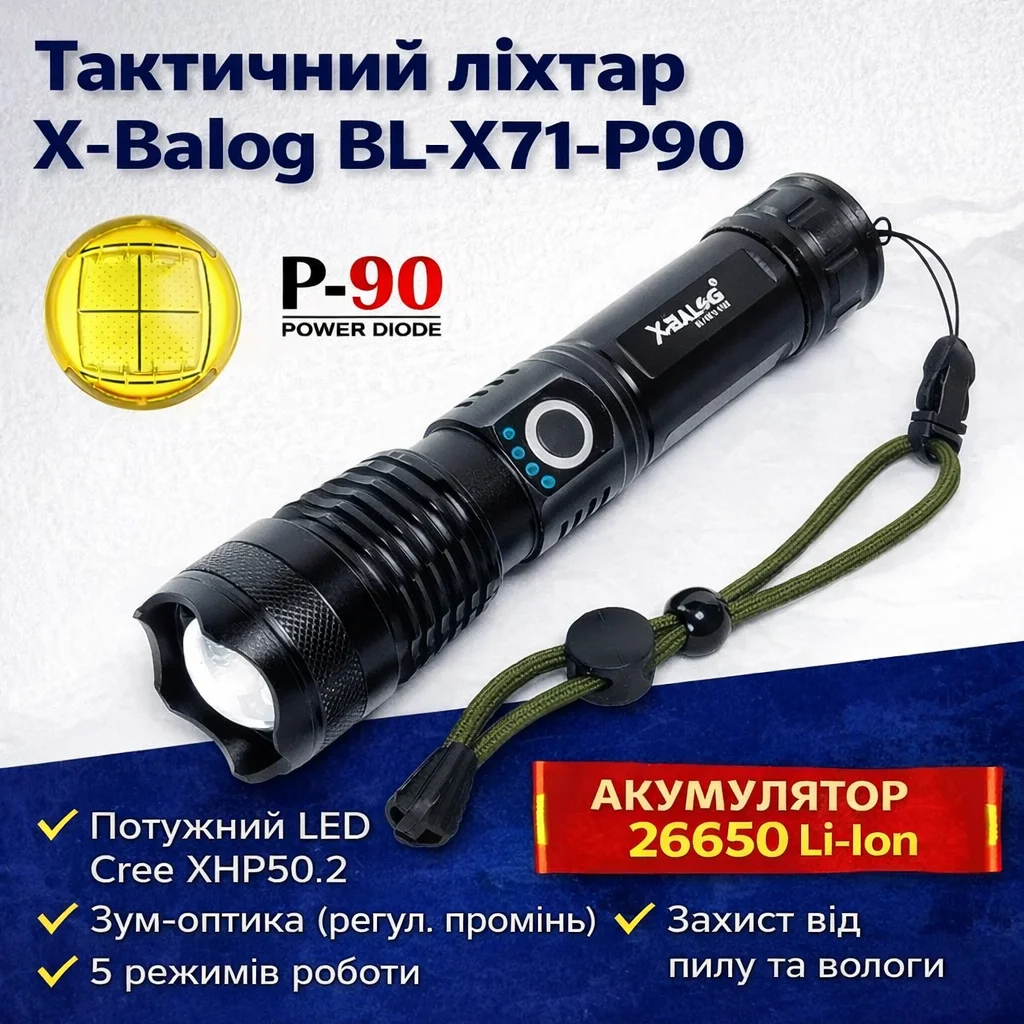Тактичний ручний ліхтар X-Balog BL-X71-P90 Police із потужним LED, зумом та 5 режимами роботи