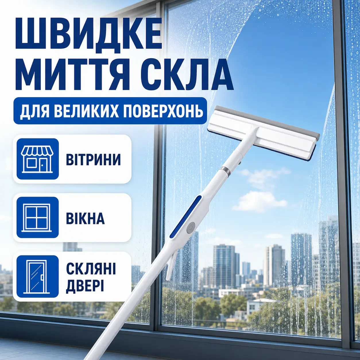 Телескопічна щітка-скребок для миття вікон з рухомою насадкою та телескопічною ручкою