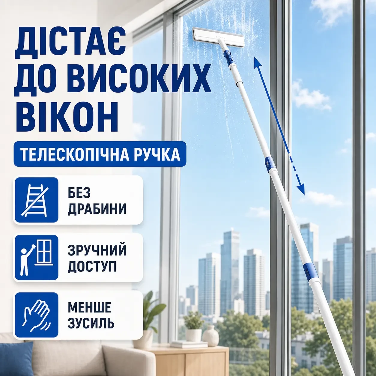 Телескопічна щітка-скребок для миття вікон з рухомою насадкою та телескопічною ручкою