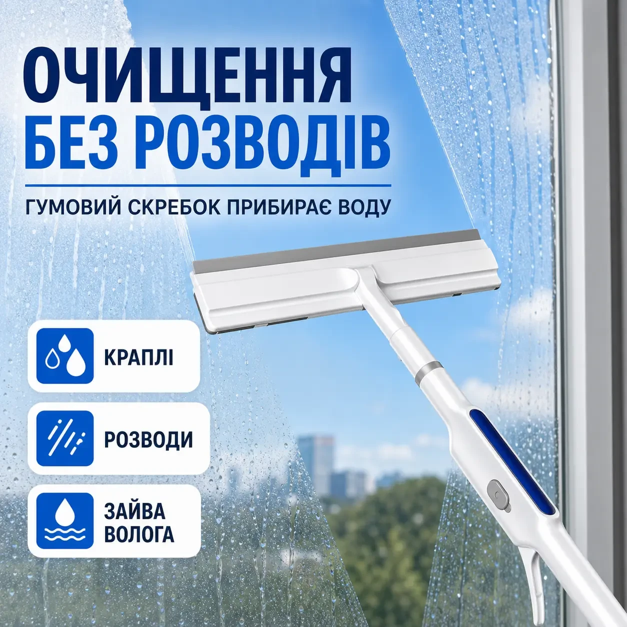 Телескопічна щітка-скребок для миття вікон з рухомою насадкою та телескопічною ручкою