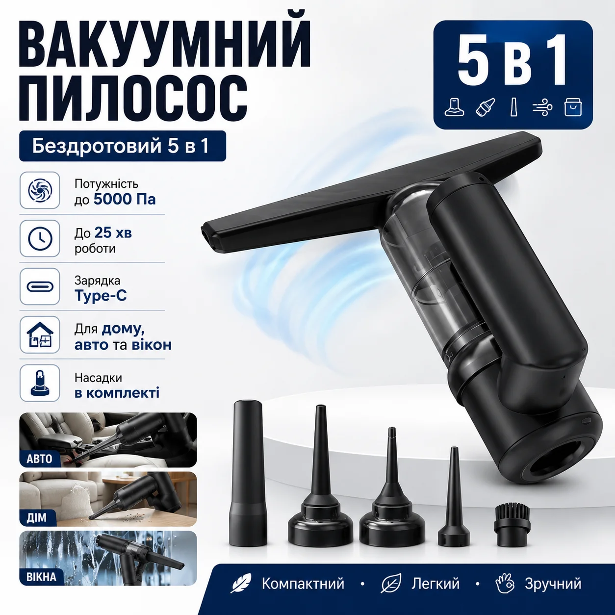 Вакуумний бездротовий пилосос 5 в 1: очищувач вікон, пилосос, насос, вакууматор та пиловидійник 2000 мАг