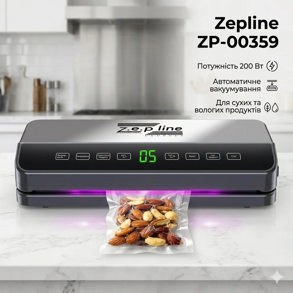 Вакуумний пакувальник Zepline ZP-00359 200 Вт з LED-дисплеєм + 20 пакетів