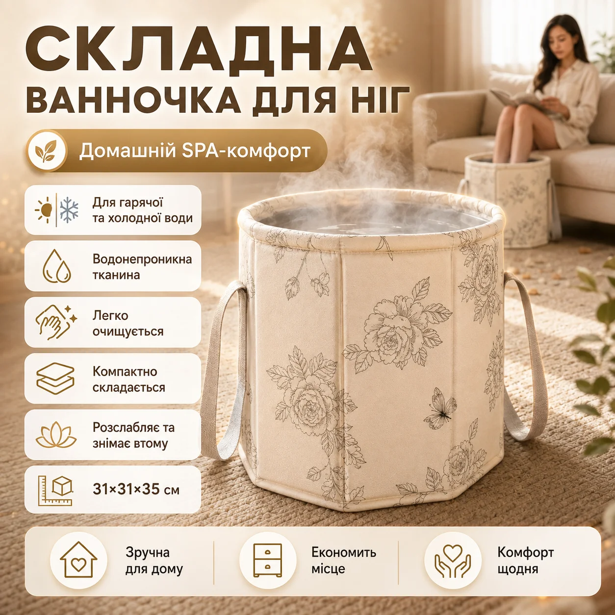 Ванночка для ніг розкладна з ручкою, бежева