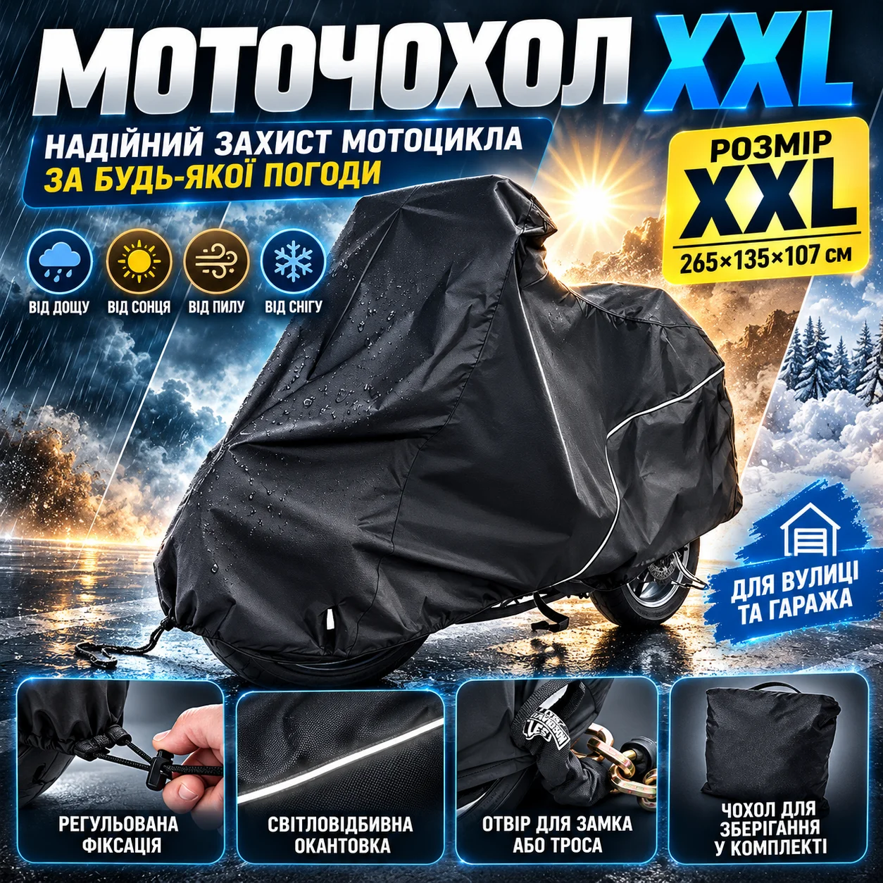Великий захисний тент для мотоцикла XXL, 265×135×107 см, вуличний чохол-накидка від дощу, снігу та сонця з вентиляцією