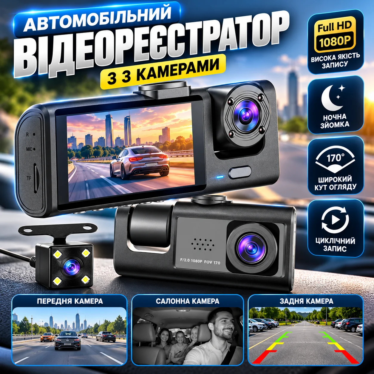 Відеореєстратор із трьома камерами 1080P
