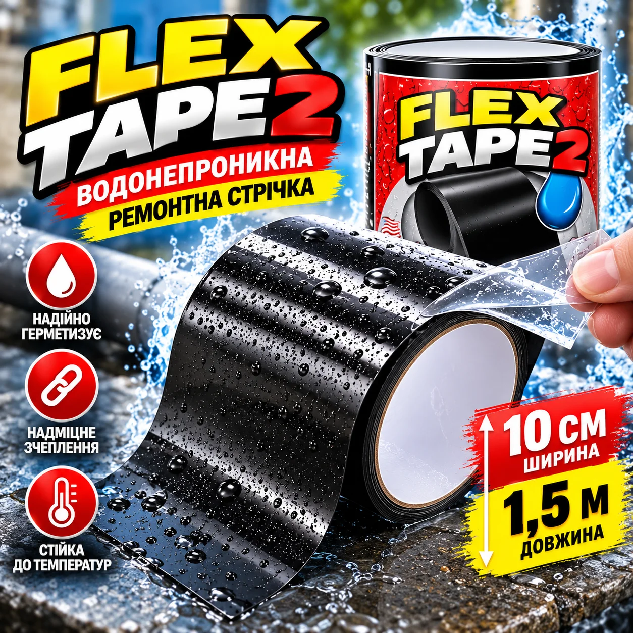 Водонепроникна ізоляційна стрічка Flex Tape 2 150×10 см, чорна