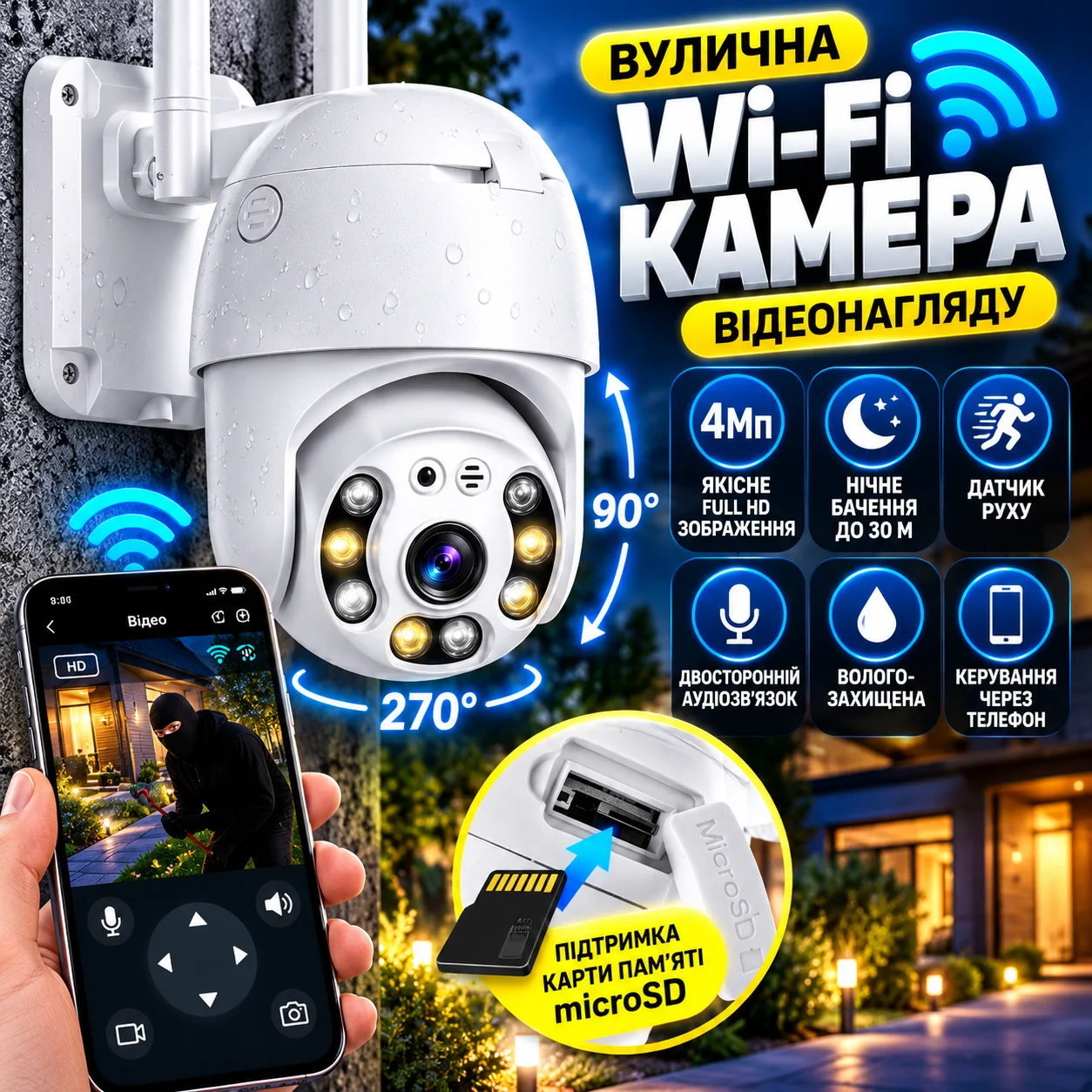 Вулична IP-камера A6 4 Мп, Full HD, поворотна, Wi‑Fi