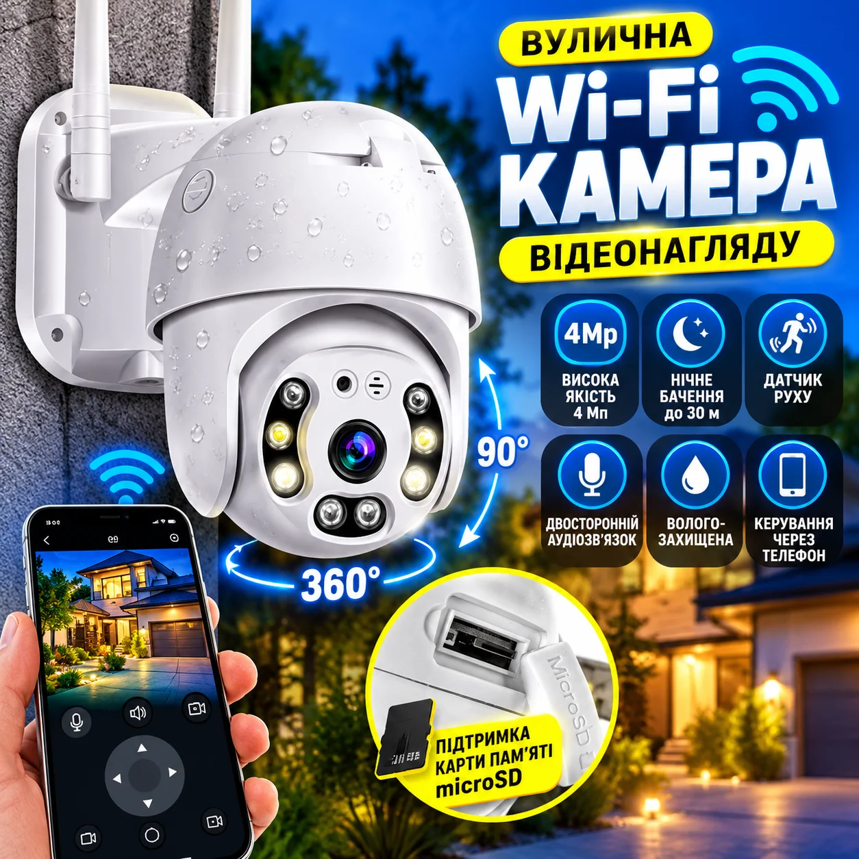 Вулична поворотна IP-камера відеоспостереження 4 МП Wi-Fi V380 Pro із нічним баченням до 30 м, датчиком руху та захистом IP66