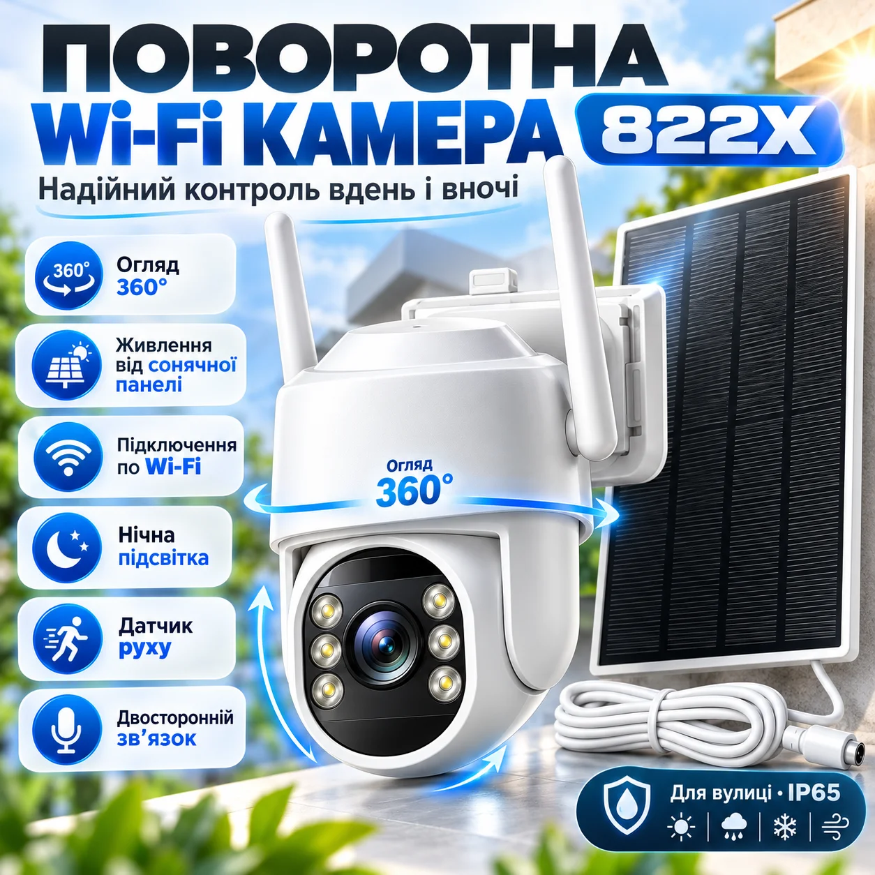 Wi‑Fi камера відеоспостереження 822X із сонячною панеллю (PTZ, біла)